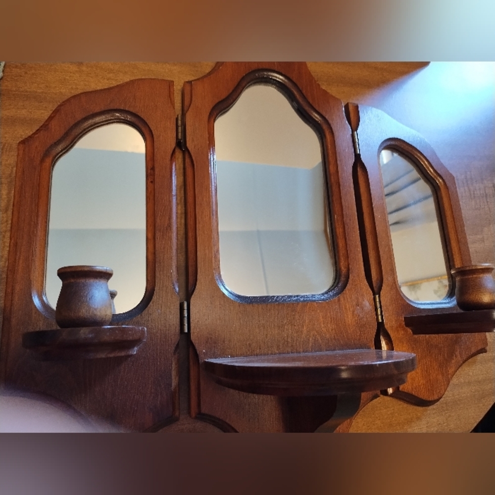 Wooden Tri-Fold Mirror Shelf Wall Decor - Rich Brown